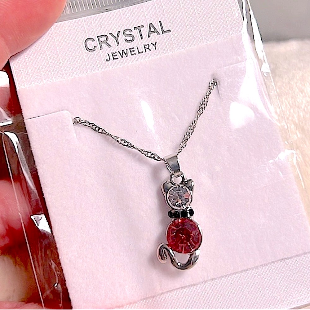 NEW! ๐๐๐โโฌ 16-18โ PINK BLACK WHITE CRYSTAL EMBELLISHED SILVER KITTY CAT NECKLACE - Picture 2 of 9